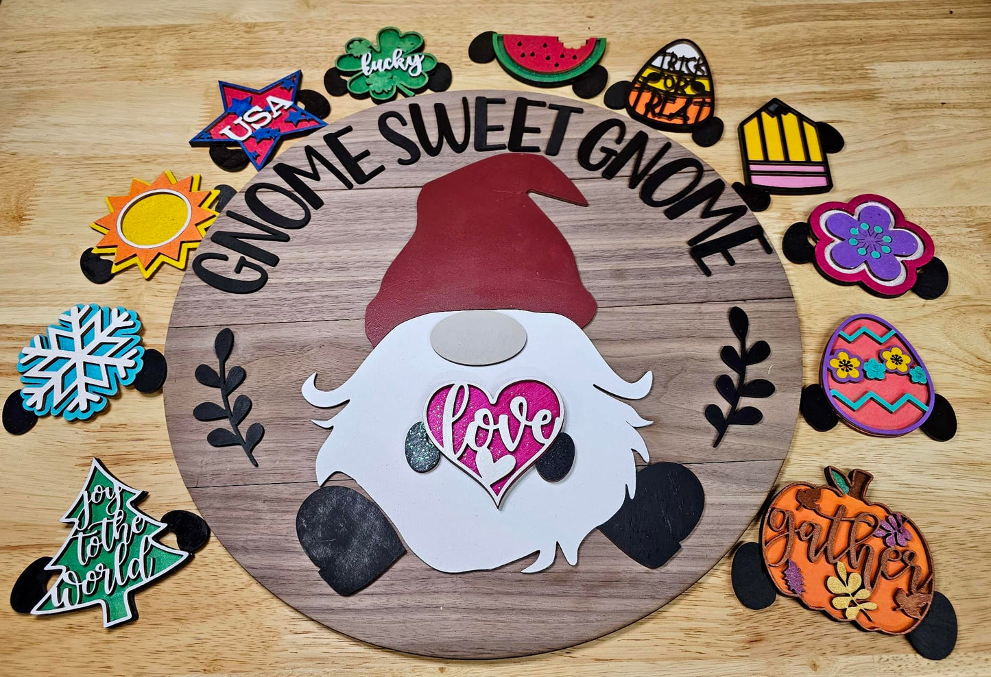 16in Gnome Sweet Gnome Interchangeable sign with 4 Interchangeable inserts