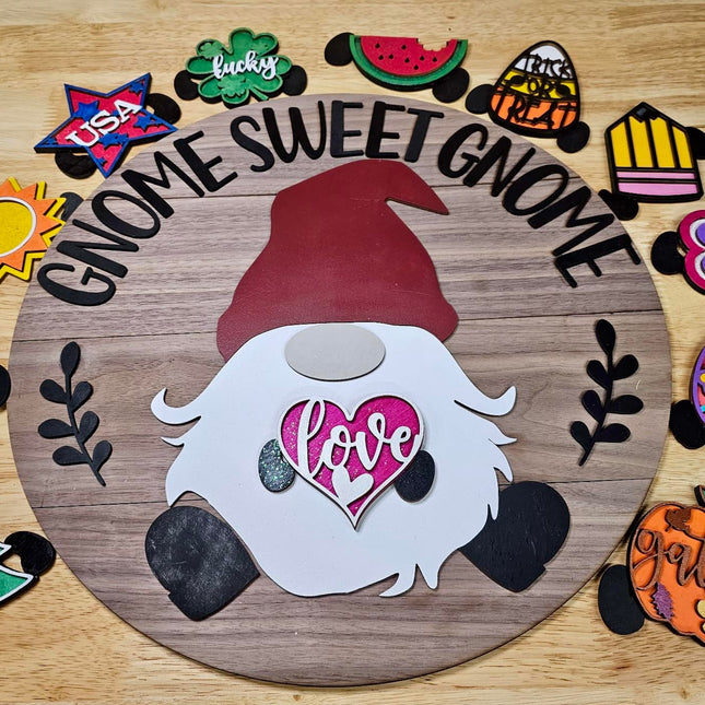 16in Gnome Sweet Gnome Interchangeable sign with 4 Interchangeable inserts