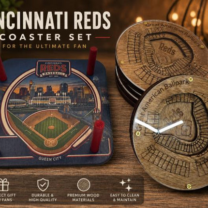 Cincinnati Reds American Ballpark Coasters | Laser Engraved Wood Stadium Set