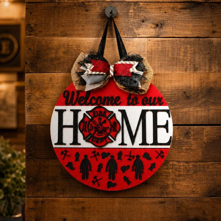 Firefighter Gift for New Home, Welcome to Our Home Door Hanger, Fire Dept Hero Decor, Thin Red Line Porch Sign