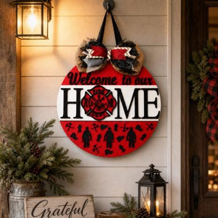 Firefighter Gift for New Home, Welcome to Our Home Door Hanger, Fire Dept Hero Decor, Thin Red Line Porch Sign