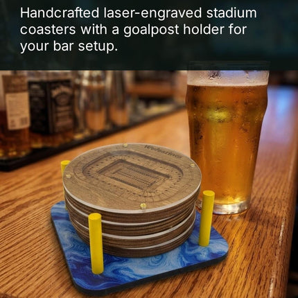 Michigan Wolverines Stadium Coasters, Layered Birch Wood, Engraved Acrylic Top, Goalpost Holder