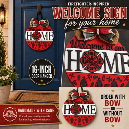 Firefighter Gift for New Home, Welcome to Our Home Door Hanger, Fire Dept Hero Decor, Thin Red Line Porch Sign