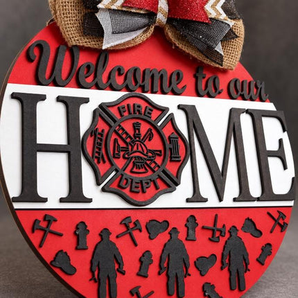 Firefighter Gift for New Home, Welcome to Our Home Door Hanger, Fire Dept Hero Decor, Thin Red Line Porch Sign