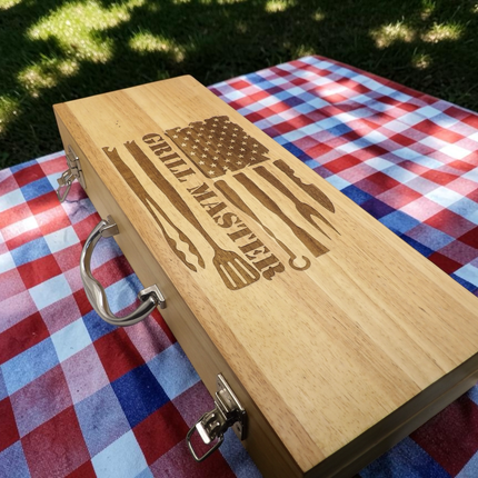 Grill Master BBQ Tool Set – Custom Engraved Wooden Box