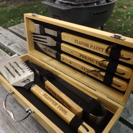 Grill Master BBQ Tool Set – Custom Engraved Wooden Box