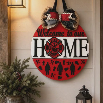 Firefighter Gift for New Home, Welcome to Our Home Door Hanger, Fire Dept Hero Decor, Thin Red Line Porch Sign