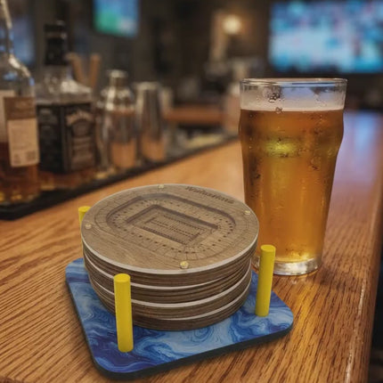 Michigan Wolverines Stadium Coasters, Layered Birch Wood, Engraved Acrylic Top, Goalpost Holder